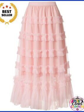 Tulle Maxi Skirt Tiered A-Line Mesh Elastic Waist Fairy Long Skirt